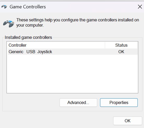 The Windows
          Game Controller Control Panel