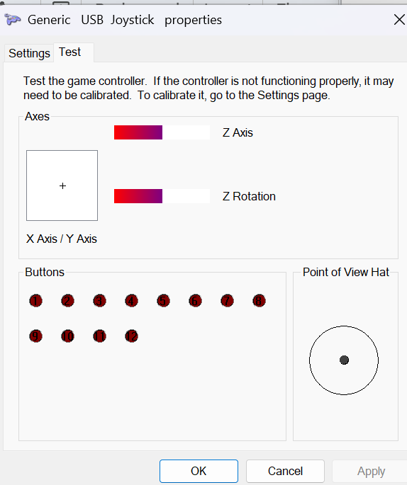 The Properties View of the Game
          Controller Control Panel