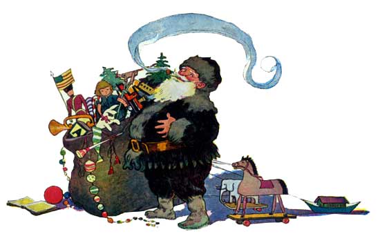 St. Nick laughing with sack of toys.