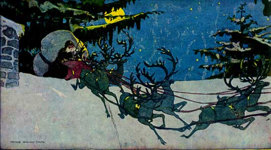 St. Nicholas in sleigh with reindeer fly over the roof